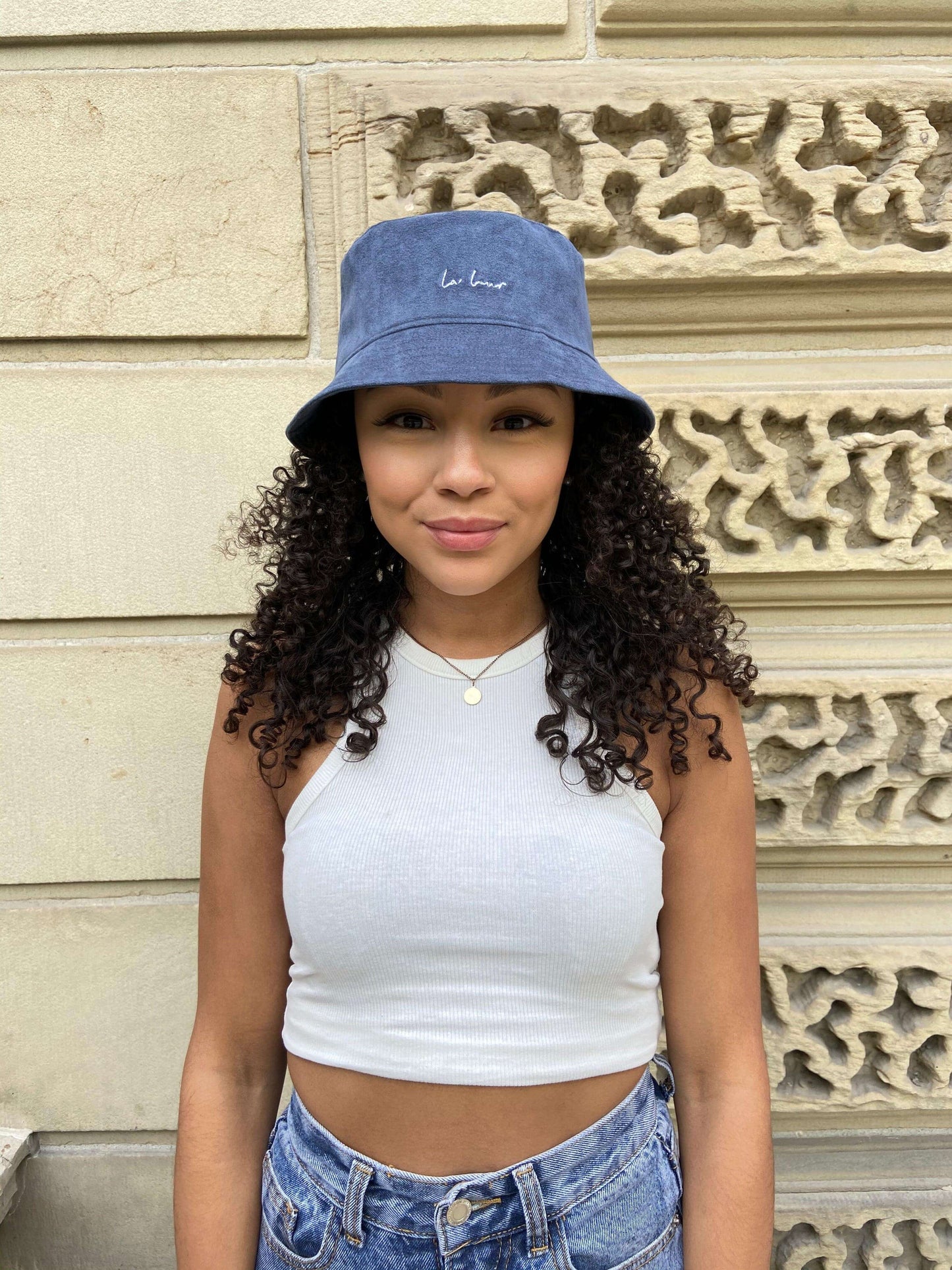 Model 1 wearing Classic Bucket Hat in Blue, Size 1